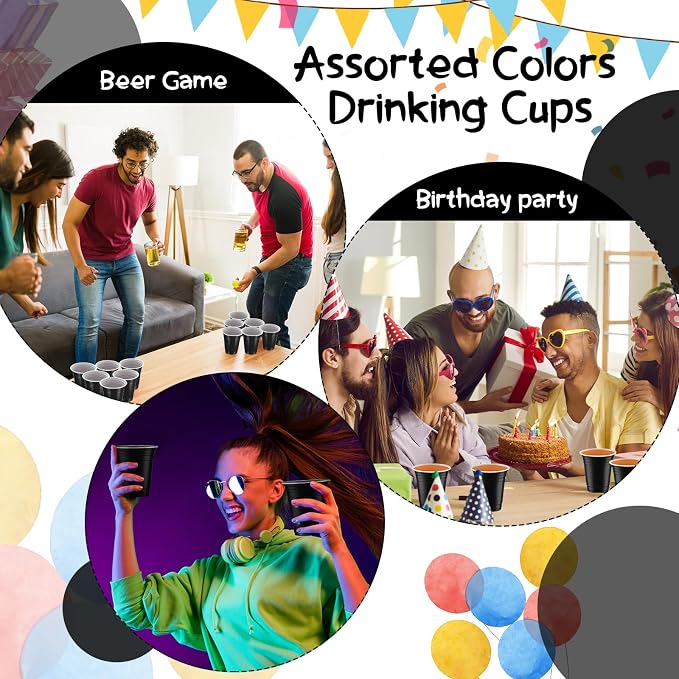 Sabary 100 Pack 12oz Plastic Cups Black Graduation Heavy Duty Drinking Disposable Cups with Lines for Beverage Holiday Camping Barbecues Birthday Party Summer Outdoor Picnic(Black and White)