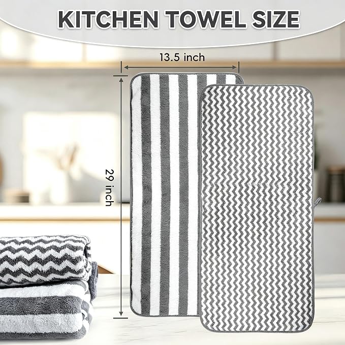 Microfiber Cleaning Cloth 6 Pack, Ultra Soft Super Absorbent Lint Free Dish Towels with Hanging Loop, 13.5x29 Inch Gray Reusable Kitchen Towels for Kitchen, Window, Car, Household