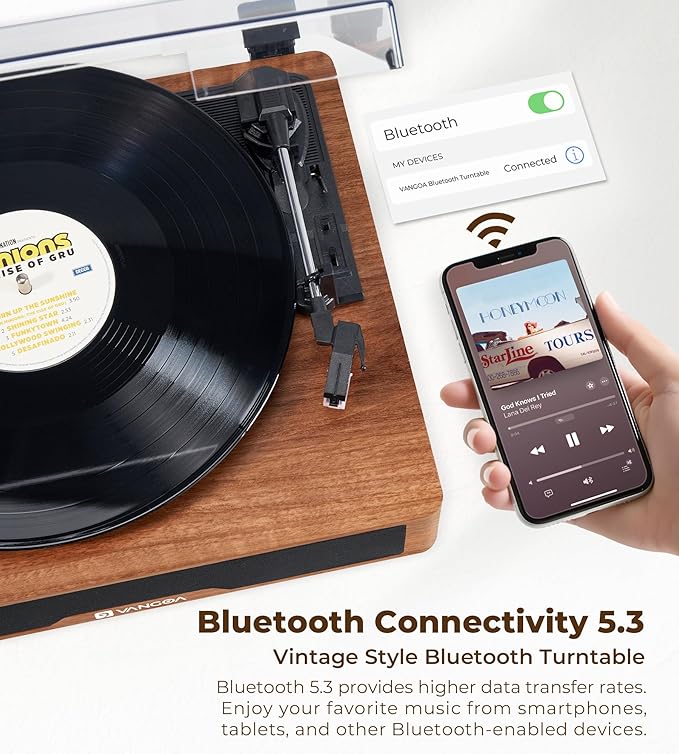 Vangoa Vinyl Record Player with Bookshelf Speakers Bluetooth Vintage Turntable for Vinyl Records Belt-Drive 3 Speed Portable LP Players Wooden Vinyl Players Auto Stop with Cleaning Kits, Brown