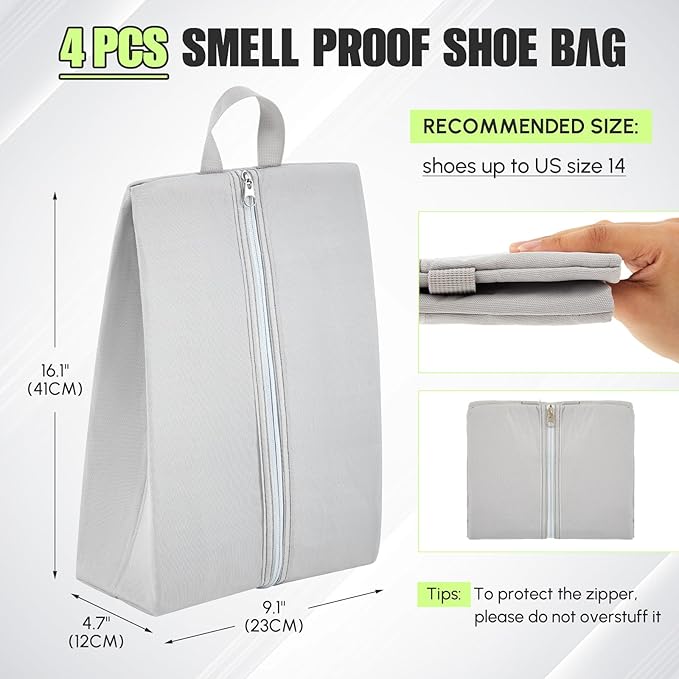 Leinuosen 4 Pcs Smell Proof Cleat Bag for Sport, Odor & Water Resistant, Soccer Football Baseball Golf Shoe Bag with Active Carbon Fabric for Gym & Travel, Fits up to Us Size 14 (Gray)