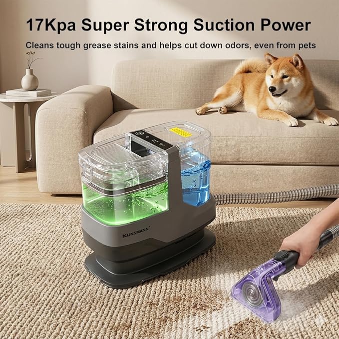 Couch & Upholstery Cleaner Machine, Portable Carpet Shampooer Machine with 18KPa Powerful Suction, Dual Brush Heads for Deep Cleaning Car Seat, Rug, Furniture, Stairs, Sofa, Spot & Pet Mess, Gray