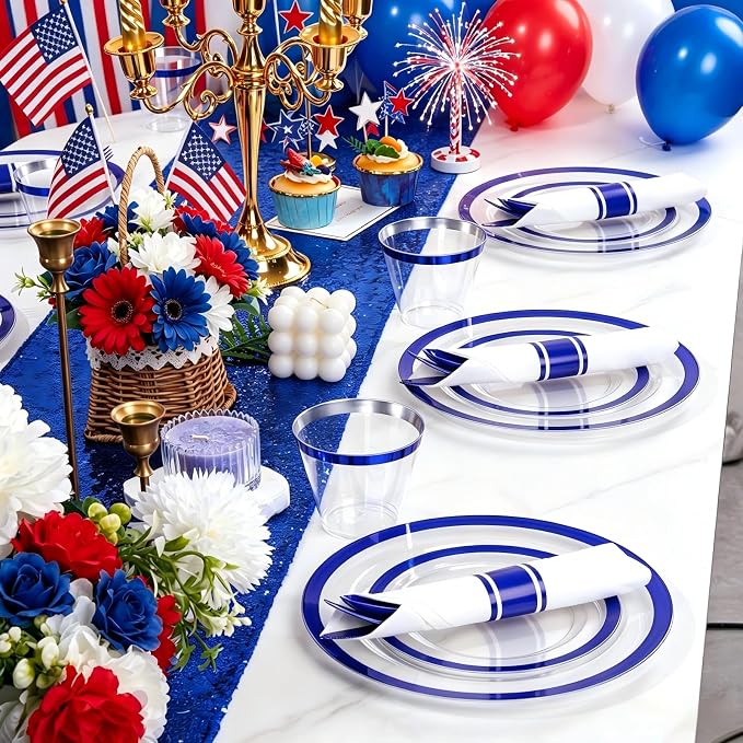 Liacere 350PCS Blue Plastic Plates - Clear with Blue Trim for 50Guests Dinnerware Include 100 Clear Plates disposable 150 Silverware 50Napkins for Wedding＆party&Graduation&Independence Day