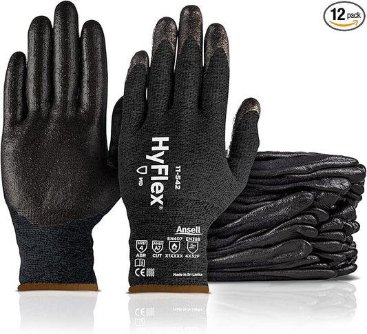 HyFlex 11-542 Cut/Heat-Resistant Kevlar Mechanical Work Gloves w/ Nitrile Palm for Machinery, EMS, Automotive - Size 6, Black (12 Pairs)
