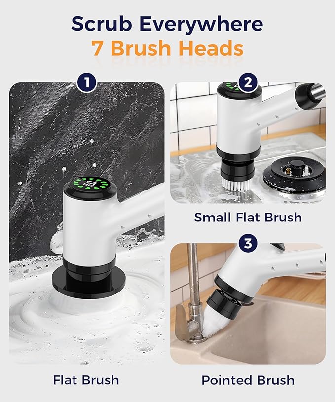 Electric Spin Scrubber, Cordless Cleaning Brush with 7 Replaceable Brush Heads, 2-Speed Adjustable Handle Shower Scrubber, IPX7 Waterproof for Bathroom, Tub, Tile & Floor, Teens, White-qb1...