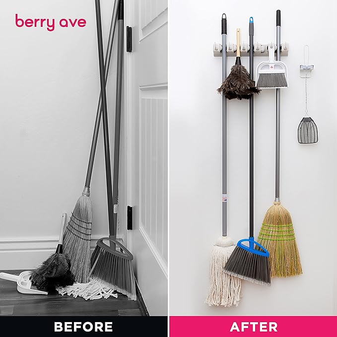 Berry Ave Broom Holder Beige (1 Pack) and Drawer Dividers Organizer, 4" High, Expandable from 11"-17" (4-Pack)