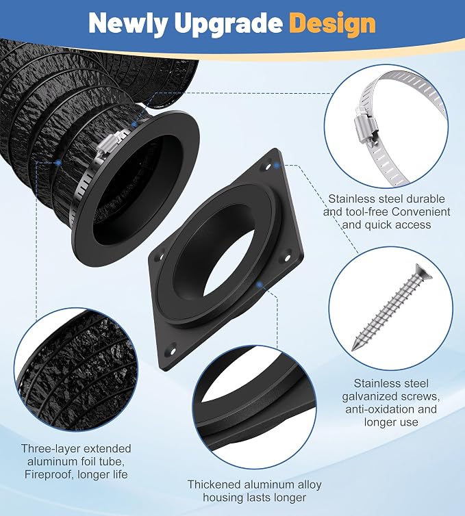 Magnetic Dryer Vent Connector Kit with 3.3ft Flexible Aluminum Foil Hose, 4'' Quick Release Airtight Seal Dryer Duct Connection, Fire-Resistant Airtight Seal & Reinforced Wall Connector (black)