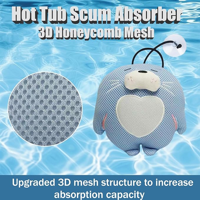 Hot Tub Scum Absorber - Sea Lion Hot Tub Floating Sponge - Scum Remover - Reusable Hot Tub Scum and Oil Absorbing Sponge to Keep Water Clean - Light Blue