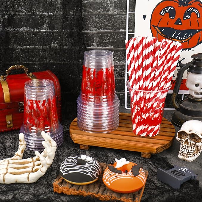 Whaline 50Pcs Halloween Disposable Plastic Cups with Lids & Straws 12oz Bloody Handprint Clear Cold Beverage Drinking Cups for Home Party Supplies