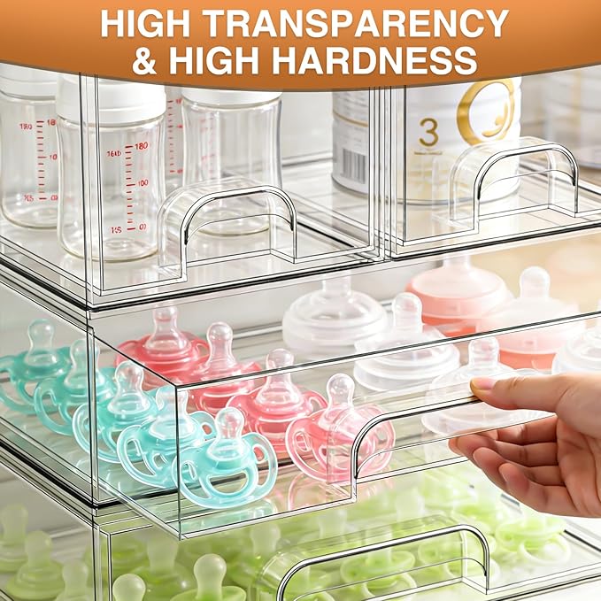 TOOGE Stackable Baby Bottle Organizer: Acrylic Bottle Organizer Baby Storage Drawers Clear Bottle Station Organization for Countertop Cabinet Vanity with 4 in 1 Cup Lid Cleaning Brush & Label - Wide