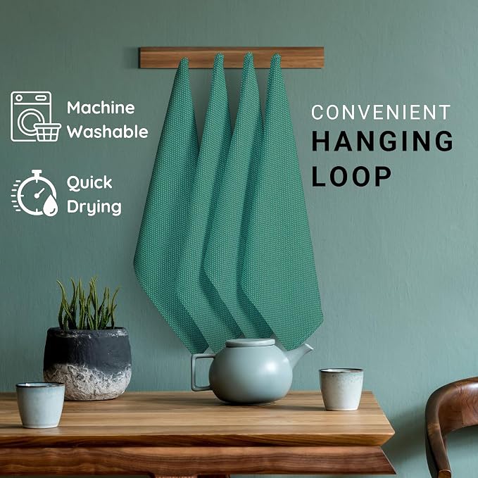 TWINY threads Kitchen Towels Set of 4, 100% Cotton Dotted Dish Towel, Soft, Tea Towels with Hanging Loop (18"x 28"), Washable Bar Towels for Table Cleaning - Turquoise Green