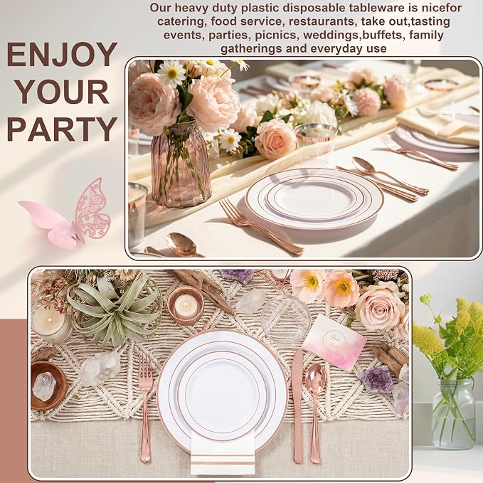 GATHER 350PCS Rose Gold Plastic Plates - Disposable Rose Gold Dinnerware Sets Includes 100 Gold Rimmed Plastic Plates, 150 Silverware, 50 Napkins, 50 Cups for Party, Wedding