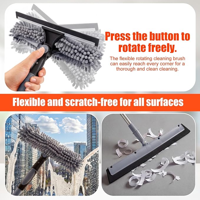 30 Feet High Reach Duster Kit with 2-24 ft Extension Pole High Ceiling Dusting and Window Cleaning Kit with Window Washer & Squeegee, Cobweb Duster, Washable Head for Ceiling Fan (Gray)