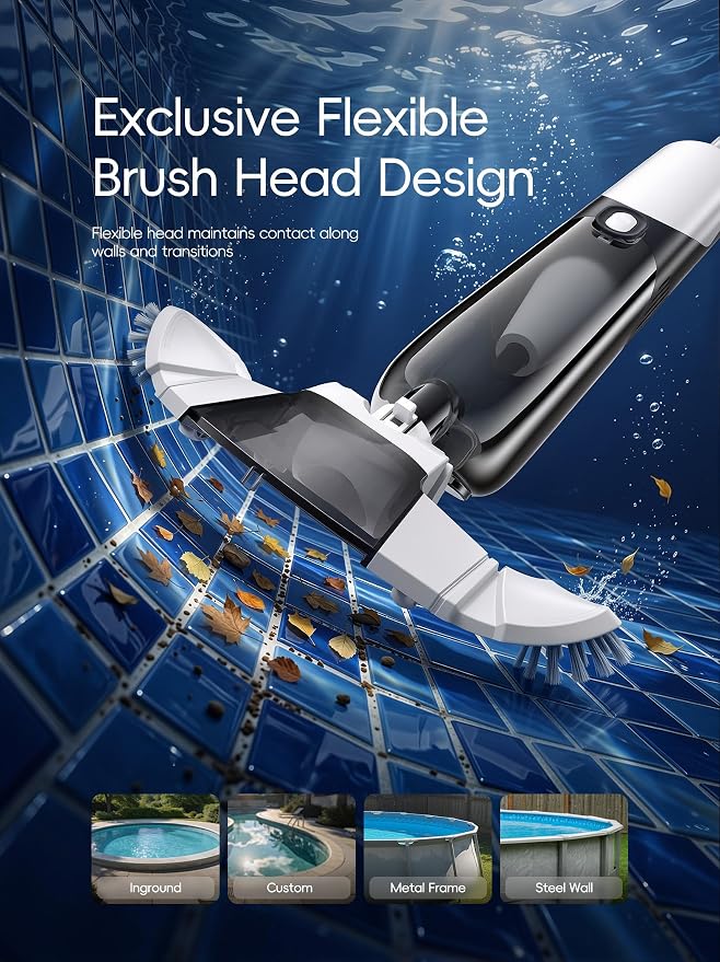 Cordless Pool Vacuum for Above Ground & Inground Pools, Handheld Swimming Pool Vacuum with Curve-Adaptive Vacuum Head, Removes Sand, Leaves & Debris, 18.5 GPM High-Flow Suction, 1-Hour Cleaning