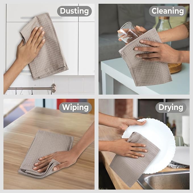 Urban Villa Waffle Dish Towels - Tan Color Set of 6 Highly Absorbent Cotton Towels - Oversized 18x28 with Mitered Corners