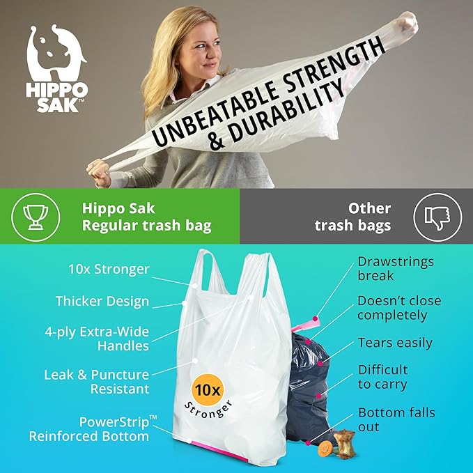 Hippo Sak - Kitchen Trash Bags 13 Gallon - Garbage Bags with Handles - 45 Count