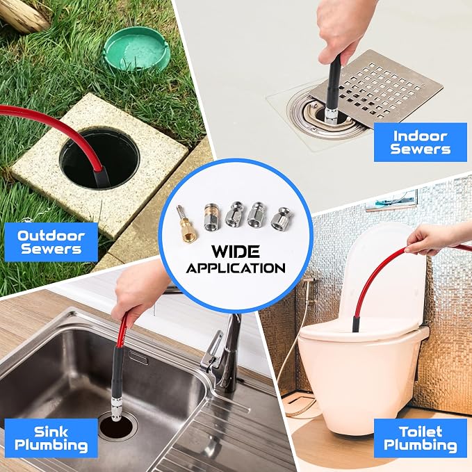 Sewer Jetter Kit for Pressure Washer, 100FT 5800 PSI Drain Cleaner Hose with 1/4" NPT Corner, Rotating and Button Hose Sewer Jetting Nozzle, Waterproof Tape, Pearl Corsage Pin, Spanner, Glove