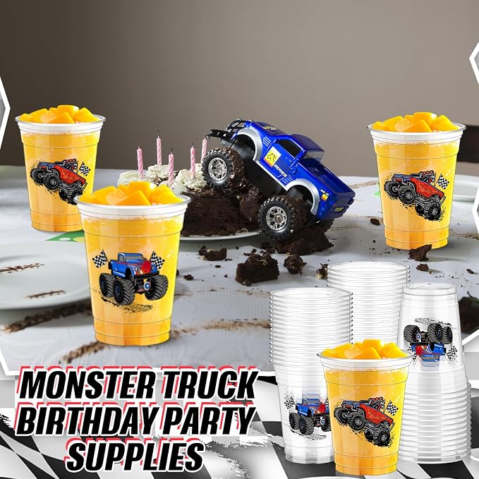 Pickmesh 50 Pcs Monster Truck Birthday Party Plastic Cup 12 Oz Monster Thick Clear Cup Truck Cups Birthday Table Decorations Party Favor