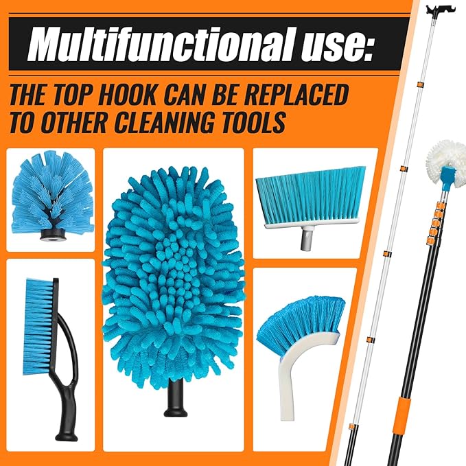 7-36 ft Telescopic Extension Pole with Utility Hook, Multi-Purpose Aluminum Pole for Painting, Dusting and New Year Window Cleaning Christmas Lights Installation Without a Ladder (Orange)