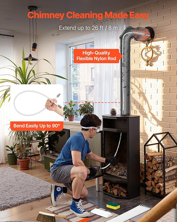 VEVOR Chimney Sweep Kit, 26 ft Maximum Extendable Length Chimney Brush, Chimneys Cleaning Kit with Bristle Replacements & Goggles, 90° Bendable Fireplace Cleaning Tool, for Square, Rectangle Chimneys
