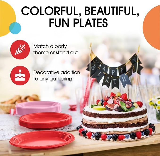 Exquisite Party Solids Red & Pink Plates Disposable Red & Pink Plastic Plates 100 Pieces - 50-7" & 50-9" Heavy Duty 350 GSM Disposable Dinnerware Sets, Plastic Dinnerware Sets