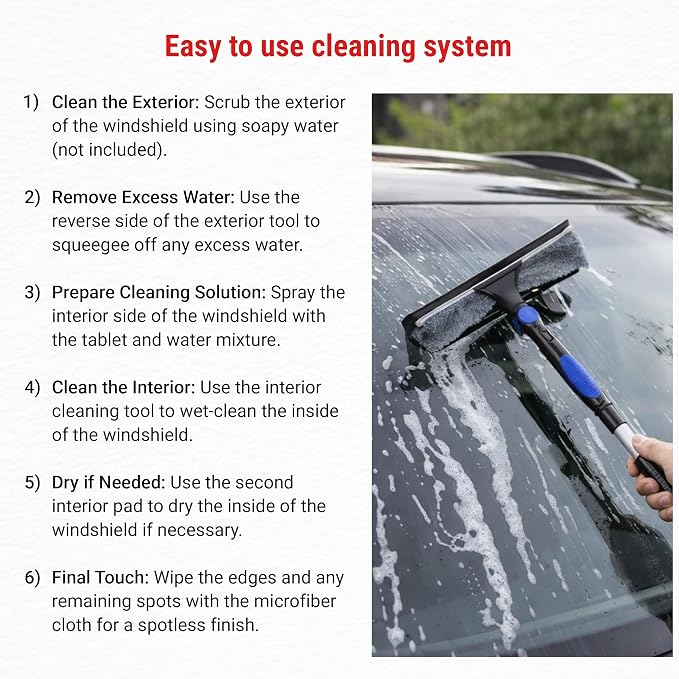 The 360° Total Windshield Cleaning KIT with car Window Squeegee, Interior Windshield Cleaner, Microfiber Cloth, Pads & Cleaning Solution - Interior & Exterior Cleaner