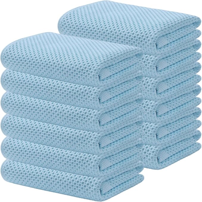 Kitinjoy 100% Cotton Waffle Weave Kitchen Hand Towels (13 X 28 Inches, Sky Blue), 12-Pack Super Soft and Absorbent Dish Towel for Drying Dishes