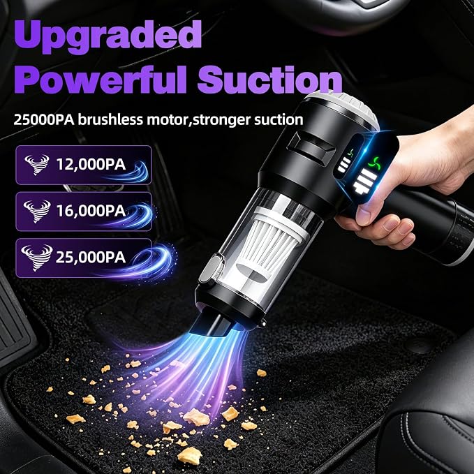 Wansimoo Handheld Car Vacuum Cleaner,25000PA Strong Cyclonic Suction Mini Vacuum Portable Cordless with Digital Display and One Touch Dust Removal for Car, Home, Office, Kitchen (Silver)