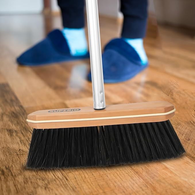Superio Kitchen Broom Premium Black Tampico Bristles with 48-Inch Grey Metal Handle, Heavy Duty Household Broom for Easy Sweeping of Dust and Debris, Ideal for Home, Kitchen, Bedroom, Floors & Corners