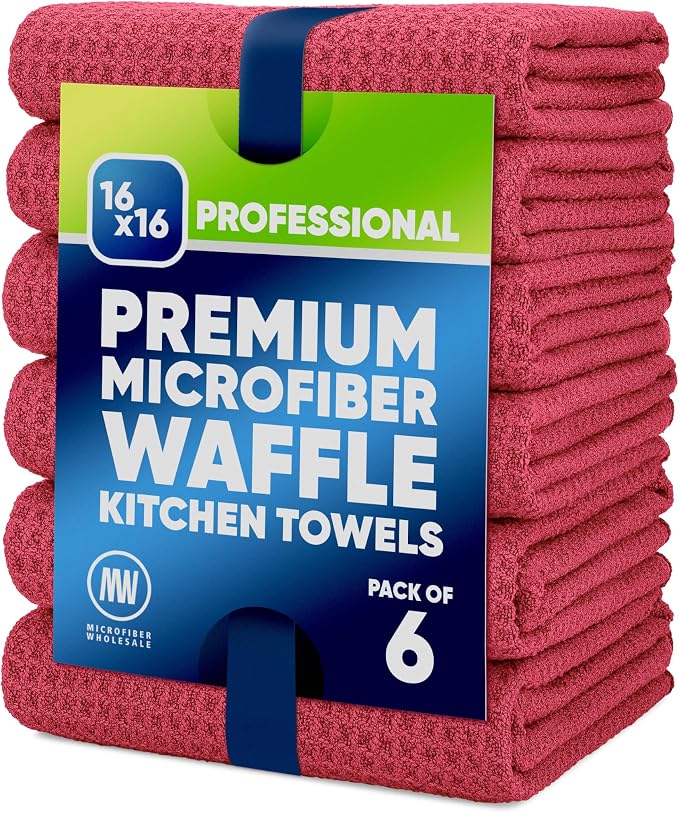 Kitchen Towels - Microfiber Waffle Weave Towels | Absorbent, No Lint, Thick, Reusable, Commercial, Soft, Hand, Tea, Glass, Bar, Sublimation Blank, Polyester Cloths (Red, 16 x 16 (6 Pack))