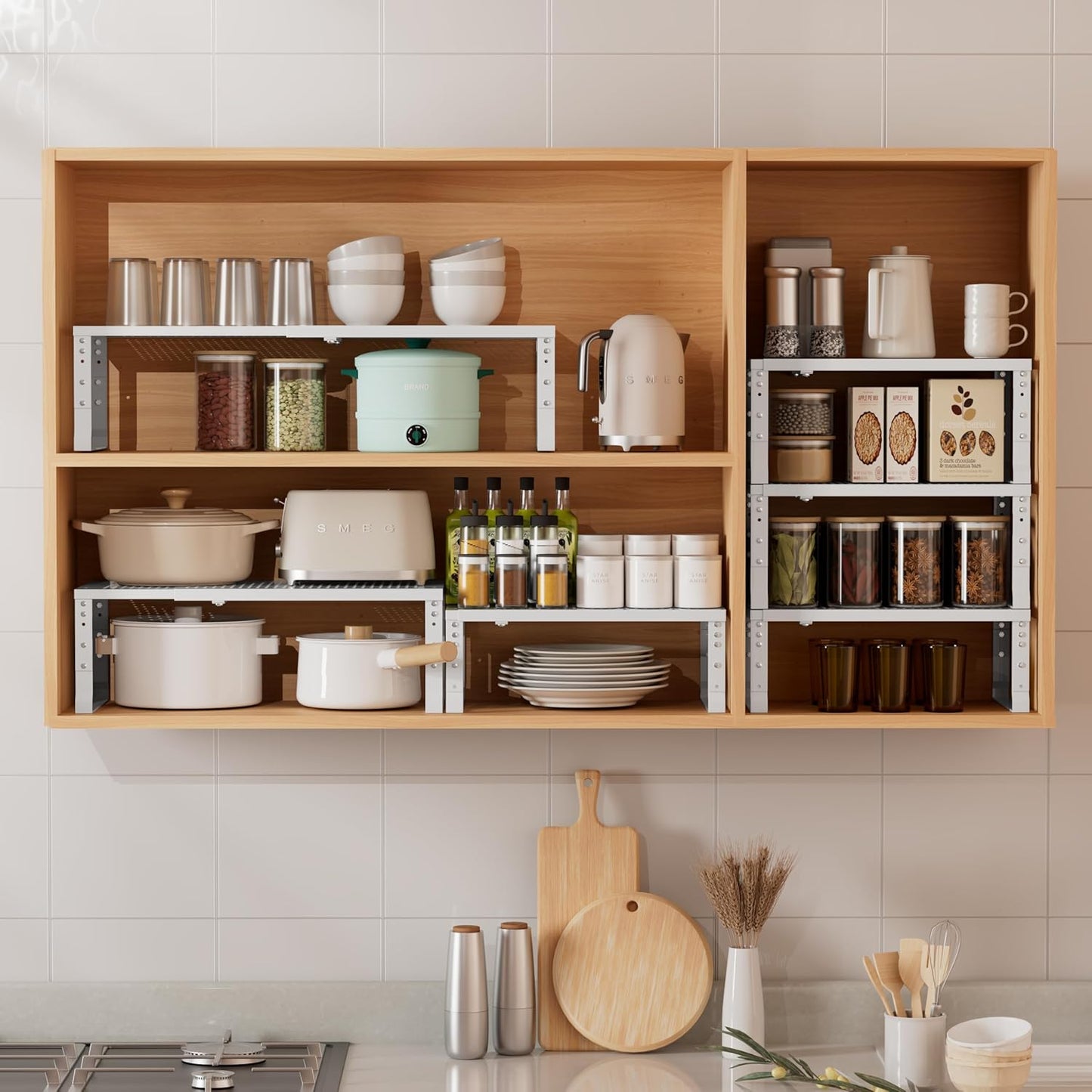 Metal Stackable Expandable Storage Shelf - Multi-Functional Home Storage Shelf, Suitable for Kitchen, Cabinet，Bathroom, Office, Garage, etc.（2PACKS/White/Large