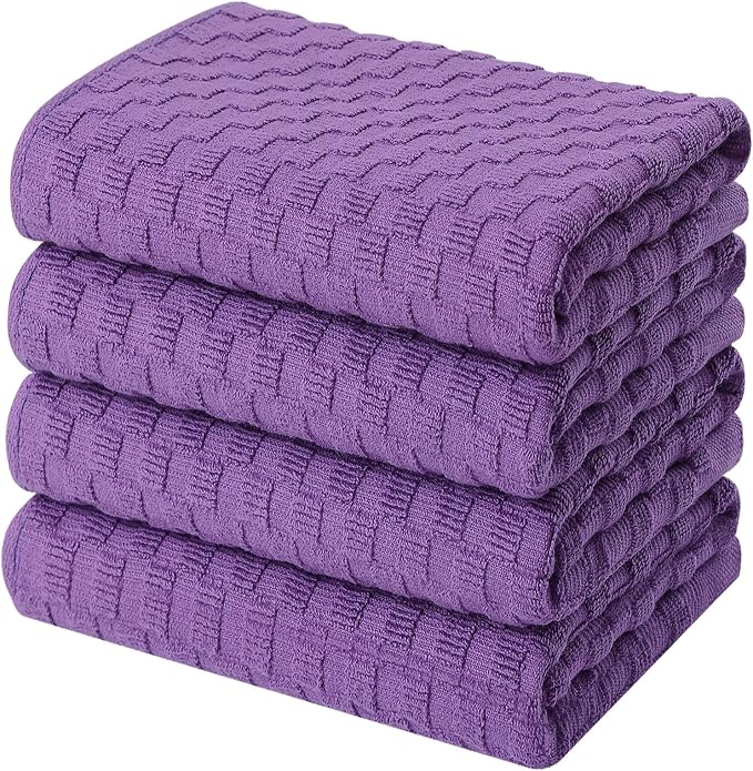 Homaxy 100% Cotton Terry Kitchen Towels(15" x 25", 4 Pack), Soft and Super Absorbent Dish Towels, 380 GSM Reusable Tea Towel with Hanging Loop, Pineapple Grid Designed, Purple