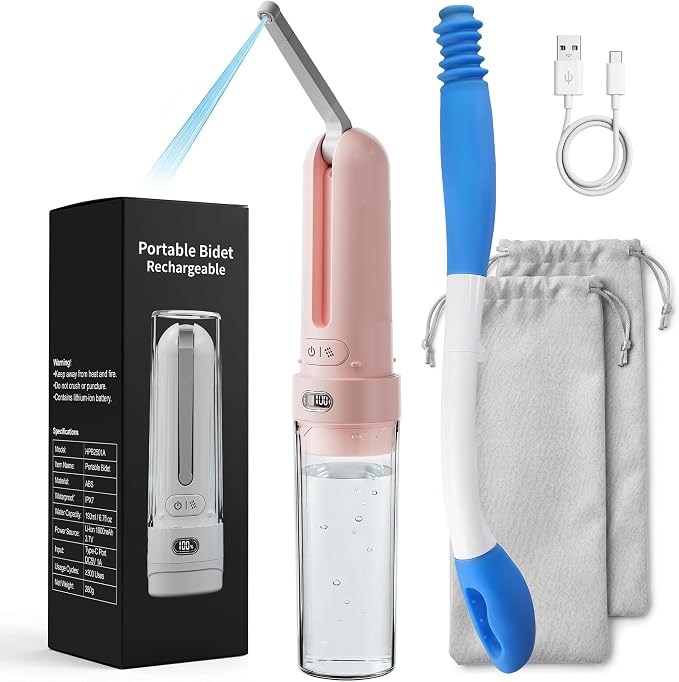 Electric Portable Bidet Toilet Aids Wiper Tool Set, Pink | 2-in-1 travel hygiene kit 15.7" extended length wiping tools 1600mAh Long-lasting Battery USB-C Rechargable IPX7 Waterproof