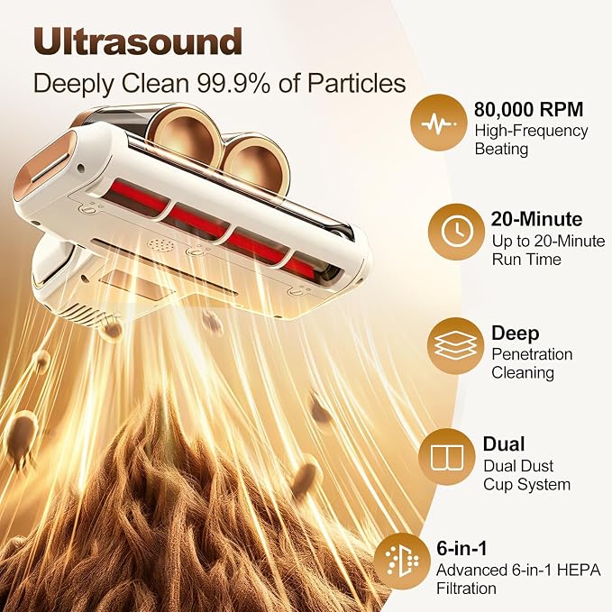 Mattress Vacuum Cleaner, Cordless Bed Vacuum with 13KPa Suction, Portable Vacuums for Sofa Couch Crib, Birthday Gifts for Women (White & Gold)