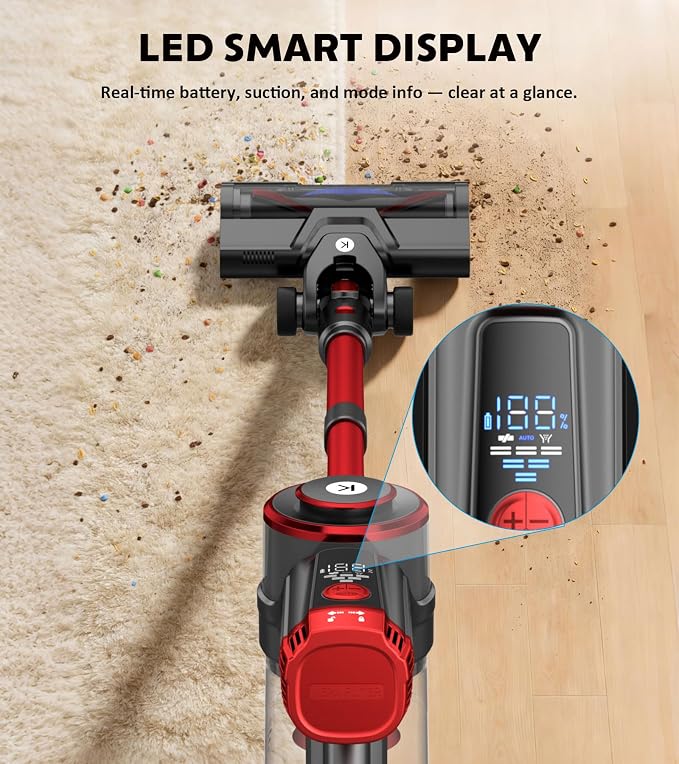 Cordless Vacuum Cleaner, 650W, 55KPa Powerful Stick Vacuum, 70-Min Runtime, Self-Standing, Anti-Tangle Brush, OLED Display, for Carpet, Hardwood Floors and Pet Hair