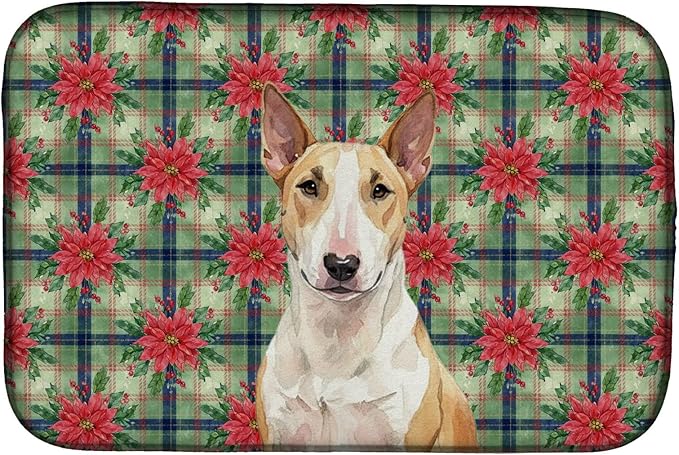 Caroline's Treasures Fawn and White Bull Terrier Christmas PoinsettIas Dish Drying Mat Absorbent Dish Drying Mat Pad for Kitchen Counter Dish Drainer Mat for Countertop, 14 x 21", Multicolor