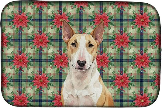 Caroline's Treasures Fawn and White Bull Terrier Christmas PoinsettIas Dish Drying Mat Absorbent Dish Drying Mat Pad for Kitchen Counter Dish Drainer Mat for Countertop, 14 x 21", Multicolor