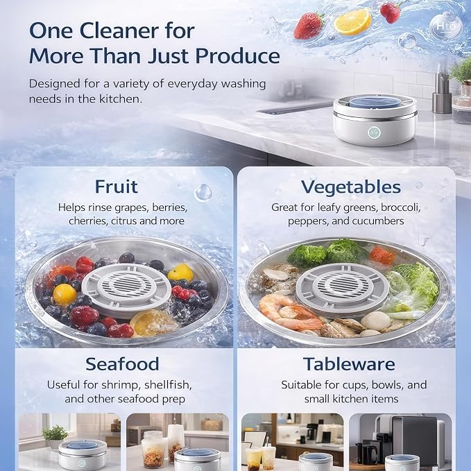 Fruit and Vegetable Cleaner Machine, Produce Washer for Fruits, Veggies & Seafood, 6-Layer Electrolysis Core, Deep Vortex Wash, Rechargeable with Auto Shut-Off (White)