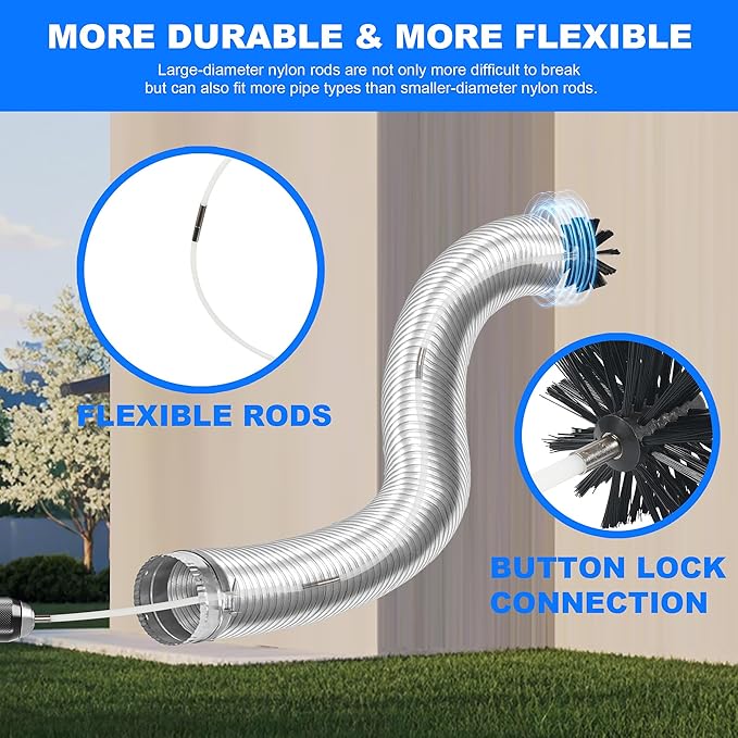 15 Feet Dryer Vent Cleaner Kit, Multi-purpose Lint Remover with 6” Chimney Brush Head, Flexible Nylon Rod Extends to 15ft Duct Cleaning Brush For Dryer, Air Duct, Fireplaces, Washing machine