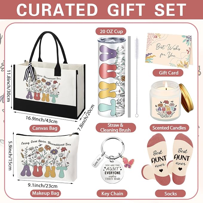 Patelai 7 Pcs Auntie Gifts for Women,Aunt Birthday and Wedding Gift, Best Aunt Ideas Presents Set with 20oz Tumbler Tote Bag Scented Candle Keychain Makeup Pouch Appreciation Gifts from Niece Nephew