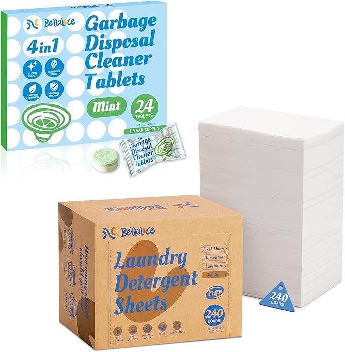 Laundry Detergent Sheets Santal 240 Loads & Garbage Disposal Cleaner Tablets Mint 24 Pack