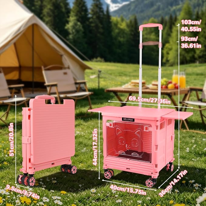 FELICON SELORSS Folding Utility Cart Portable Rolling Crate Handcart on Rotate Wheels with Magnetic Sliding Lid Telescoping Handle Lockable Transparent Front Panel for Travel Shop Office Teacher(Pink)