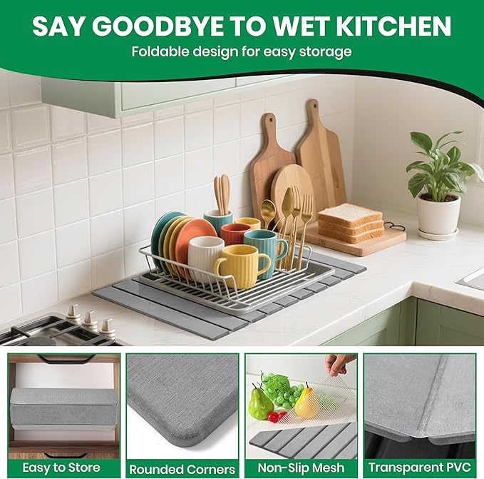Stone Dish Drying Mat for Kitchen Counter - 23x15 Large Quick Dry Stone Mat Kitchen, Absorbent Diatomaceous Earth Kitchen Drying Mats for Countertops, Fast Drying Stone Sink Mat for Dishes and Cups