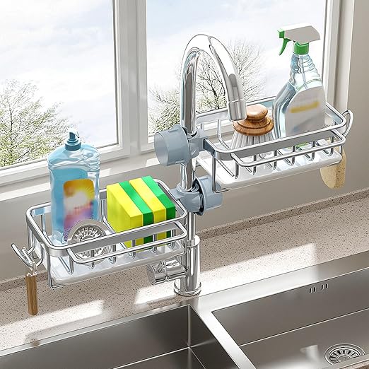 Kitchen Sink Faucet Organizer, Left Sponge Holder Over Faucet Sink Caddy with Drip Tray, Detachable Hanging Faucet Drain Rack for Scrubbers, Soap, Bathroom, Fits 0.7-1.1in Round Pipe (Silver)
