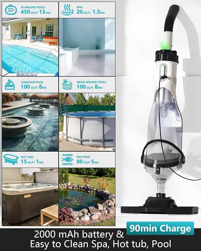 FOTING Cordless Pool Vacuum for Above Ground Pool 19.5 GPM, All-Angle Head&LED Display,Handheld Rechargeable Spa Vacuum Cleaner for Inground Pools for Hot Tub, Debris,Shallow Steps