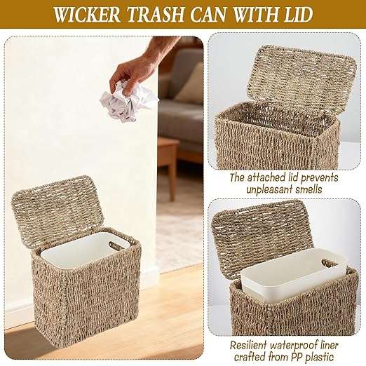 Wicker Trash Can with Lid and Liner, Bathroom Trash Can with Lid, Natural Water Hyacinth Wicker Waste Basket, Boho Rattan Garbage Wastebasket for Bedroom Living Room Office Kitchen