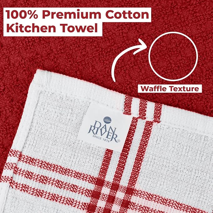 DAN RIVER Premium Red Kitchen Towels - [Pack of 6] 100% Cotton (16x 26 Inches) -Super Soft, Highly Absorbent Hand Towels, Quick Dry, Dish Towels, Tea and Bar Towels Set