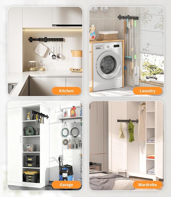 Pull Out Broom Holder With Adjustable Row Sliding Hook, Multifunctional Slide Broom And Mop Storage/Organizer Garage Organization Hooks, for Closet Laundry Garage 36cm/14.17in