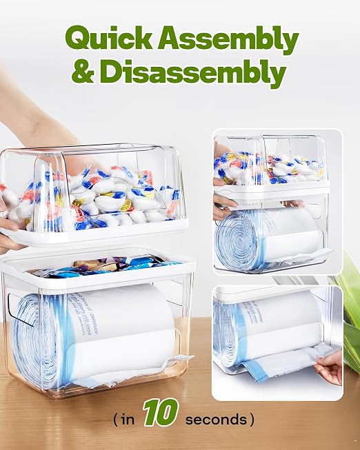 Kaen 3-in-1 Trash Bag and Laundry Pods Dispenser Dishwasher Pod Container | Clear Storage Bins with Lids for 13/30/33 Gallon Bags Under Sink Organizer for Laundry Room Organization