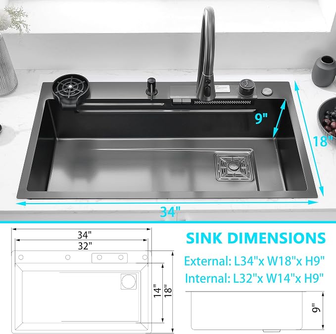 34" x 18" Black-Gray Waterfall Kitchen Sink, Drop In Stainless Steel Modern Single Bowl Sink with Pull-Out Spray Faucet, Cup Washer & Accessories