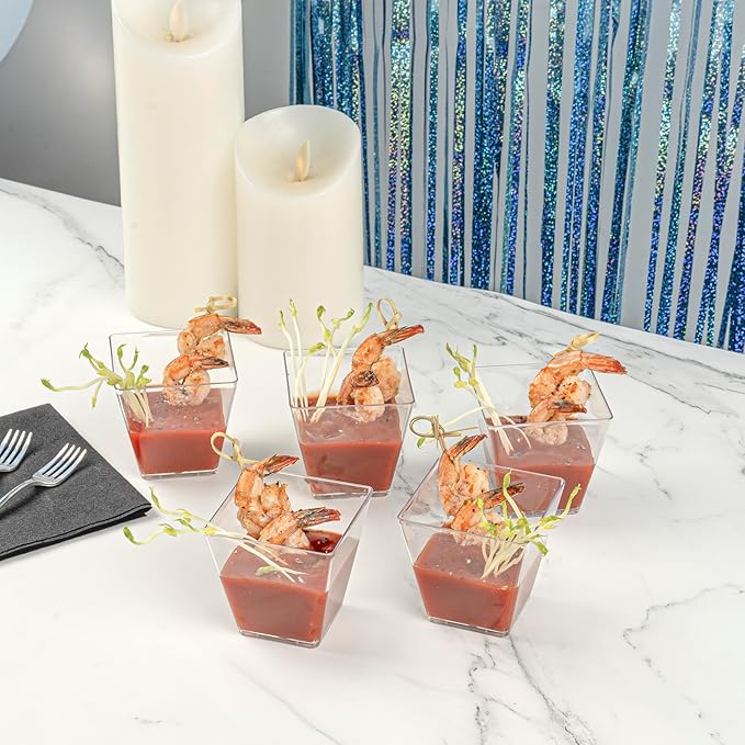 Restaurantware-5 Ounce Kova Cups, 20 Square Medium Appetizer Cups - Durable, Disposable, Clear Plastic Parfait Cup, Serve Mousse, Puddings, Or Samples, For Weddings Or Parties